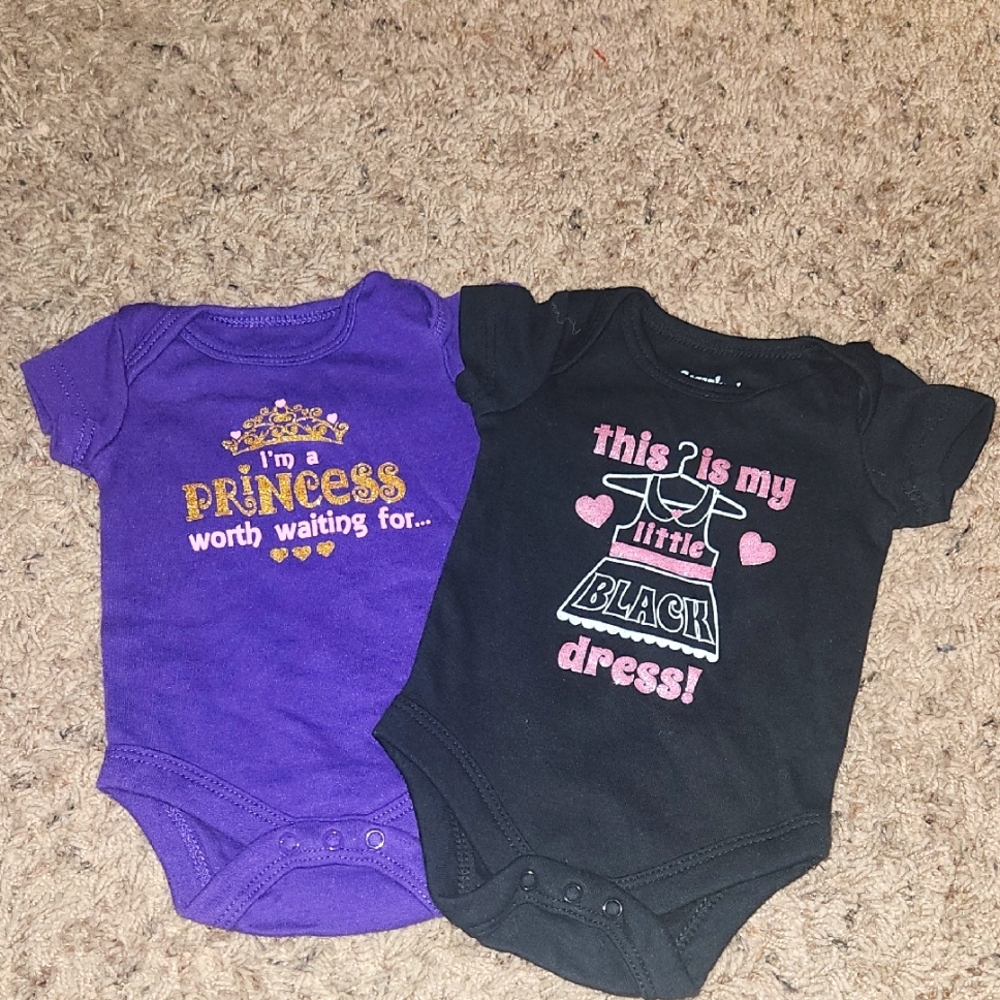 NWOT- Garanimals- (2) Newborn Onesies w/Girly Graphics - Purple/Black